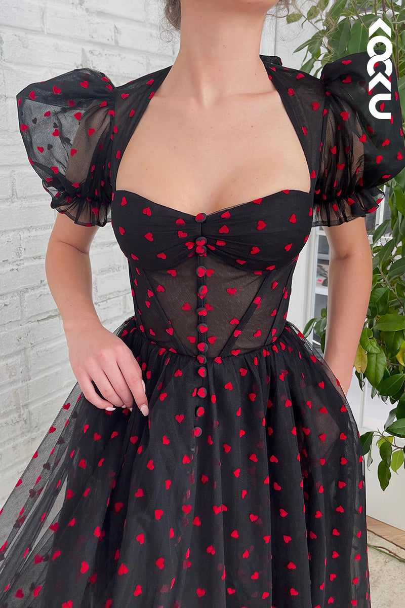 L1637 - Sweetheart Short Puff Sleeves Tulle Midi Prom Gown With Slit