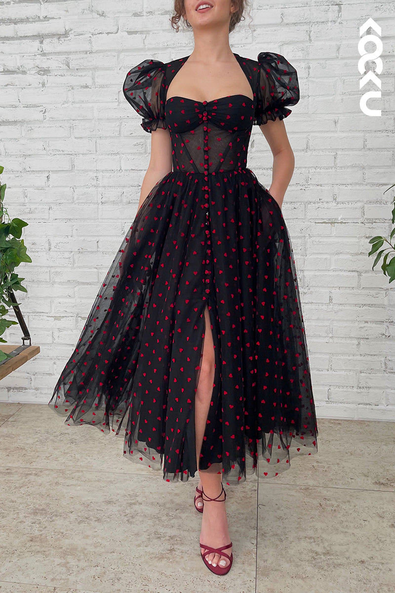 L1637 - Sweetheart Short Puff Sleeves Tulle Midi Prom Gown With Slit