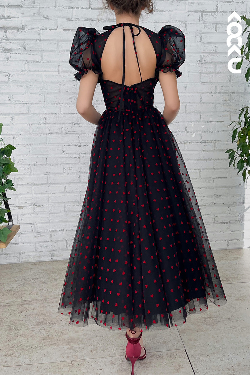 L1637 - Sweetheart Short Puff Sleeves Tulle Midi Prom Gown With Slit