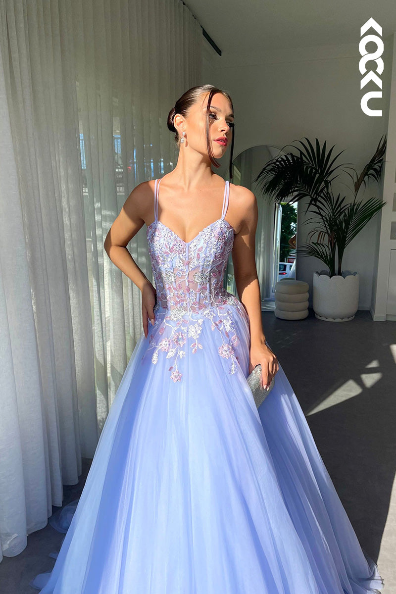 L1638 - V-Neck Spaghetti Straps Appliqued A-Line Long Prom Gown