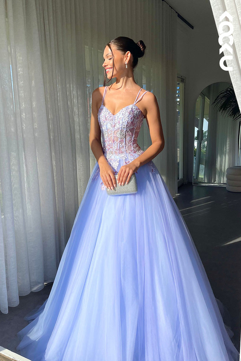 L1638 - V-Neck Spaghetti Straps Appliqued A-Line Long Prom Gown