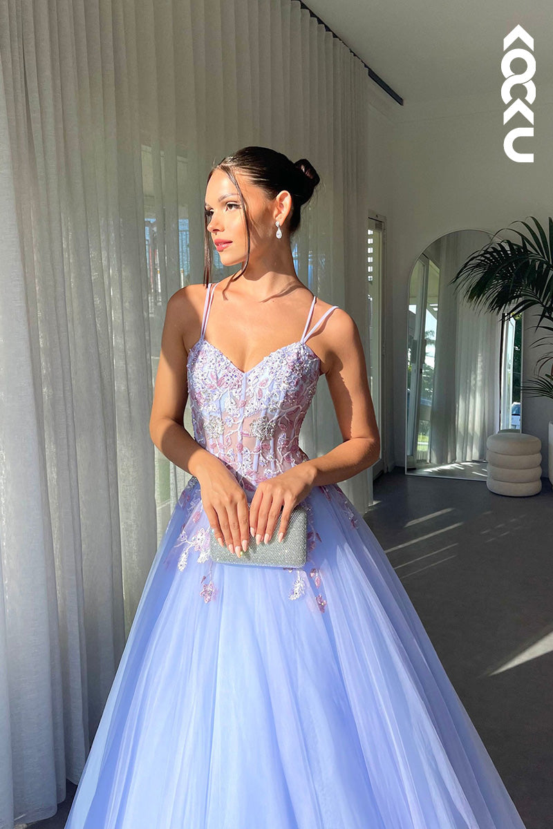 L1638 - V-Neck Spaghetti Straps Appliqued A-Line Long Prom Gown