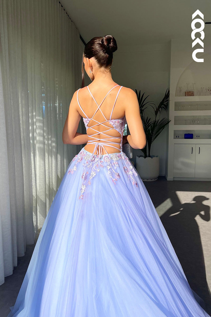 L1638 - V-Neck Spaghetti Straps Appliqued A-Line Long Prom Gown