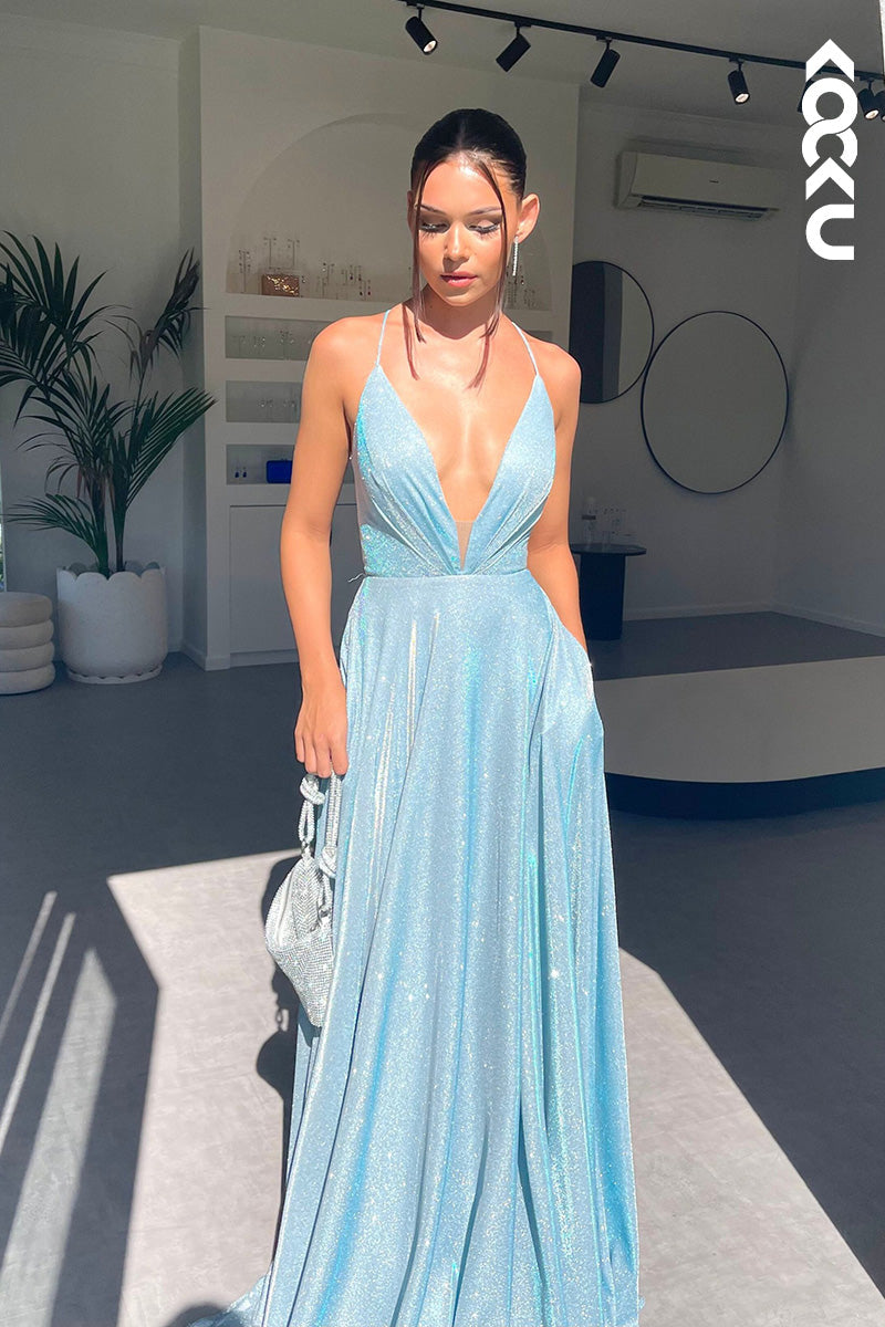 L1639 - Low V-Neck Spaghetti Straps Sparkly A-Line Long Prom Gown With Pockets