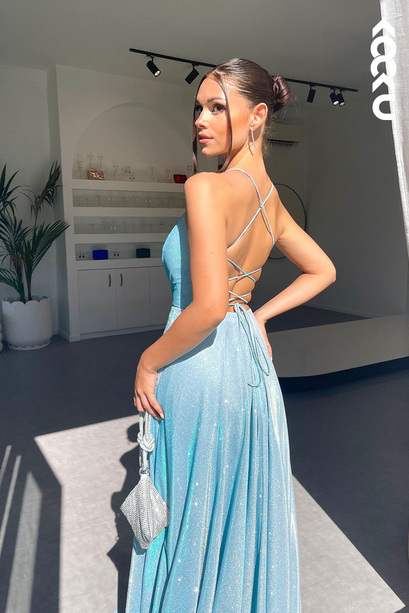 L1639 - Low V-Neck Spaghetti Straps Sparkly A-Line Long Prom Gown With Pockets