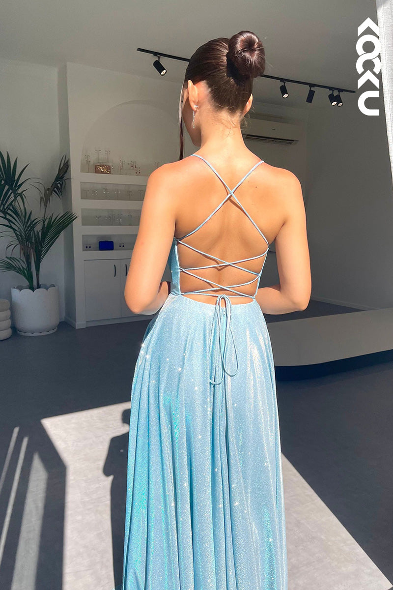 L1639 - Low V-Neck Spaghetti Straps Sparkly A-Line Long Prom Gown With Pockets