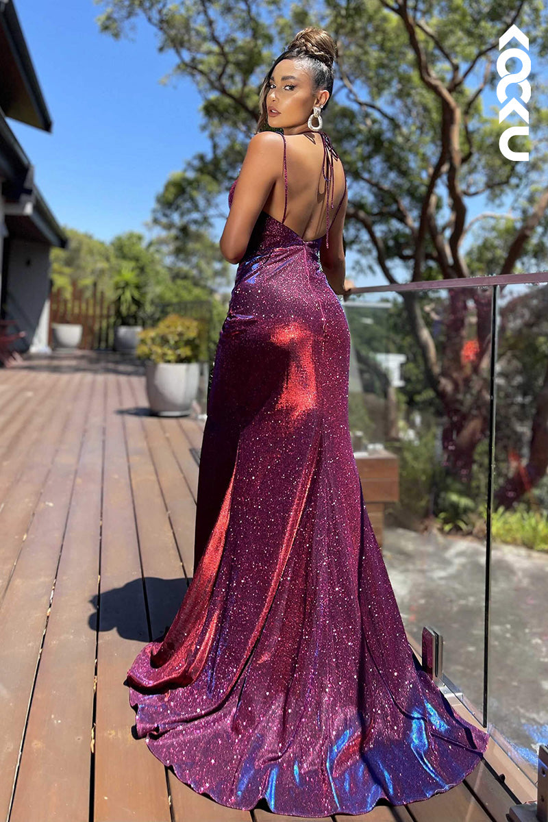 L1640 - V-Neck Spaghetti Straps Sparkly Ruched Sheath Long Prom Gown