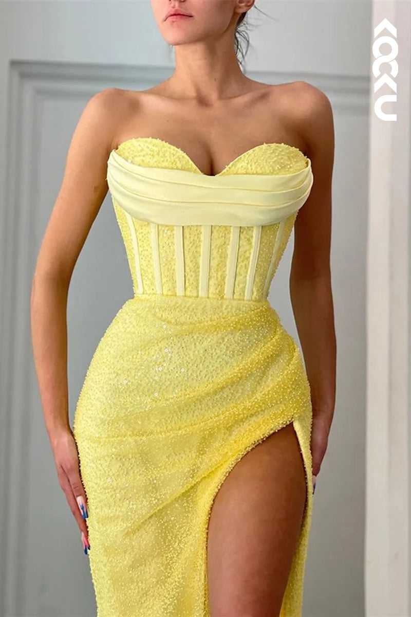 L1641 - Sweetheart Strapless Beaded Sheath Long Prom Gown With Slit
