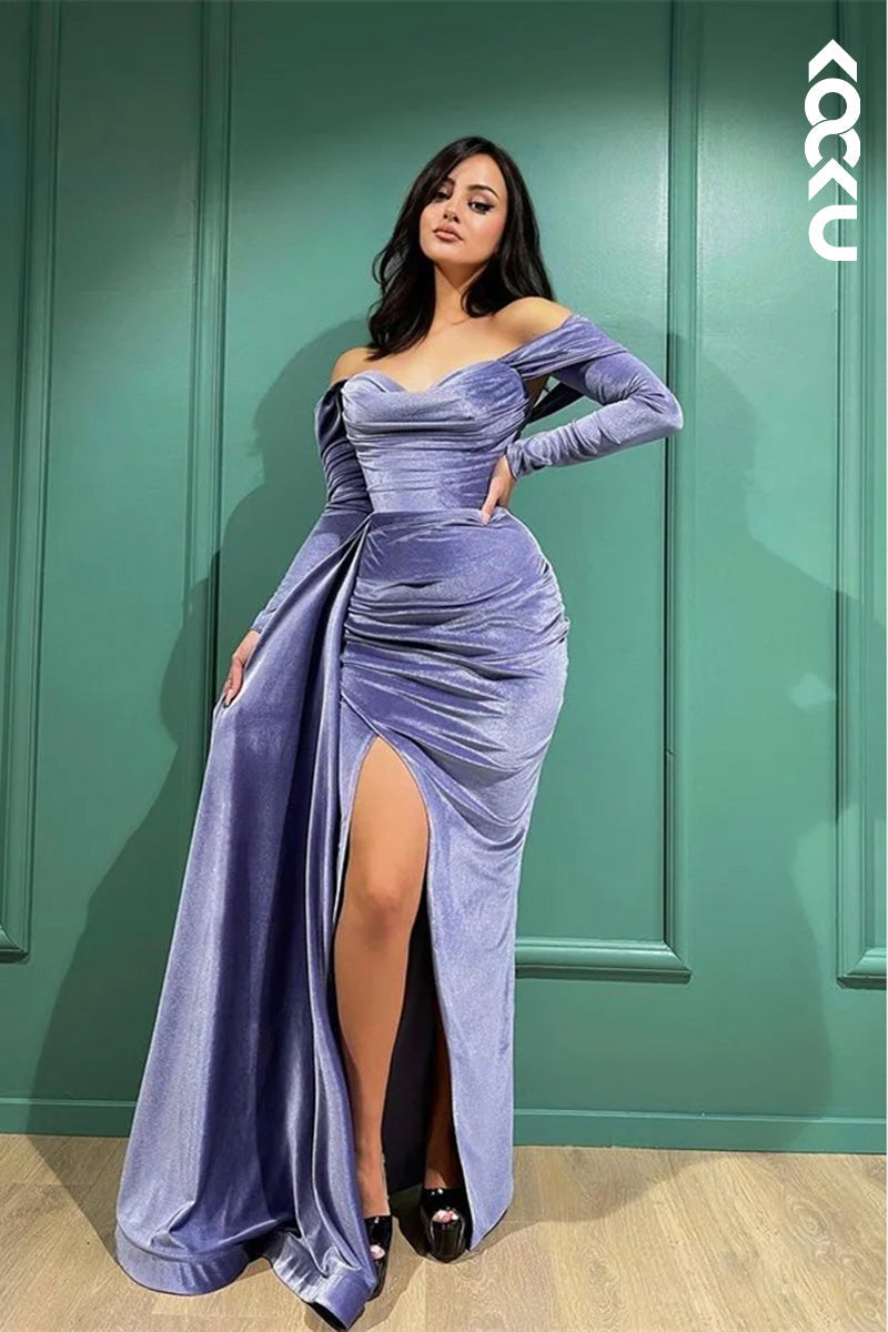 L1642 - Sweetheart Off-Shoulder Long Sleeves Ruched Sheath Long Prom With Slit