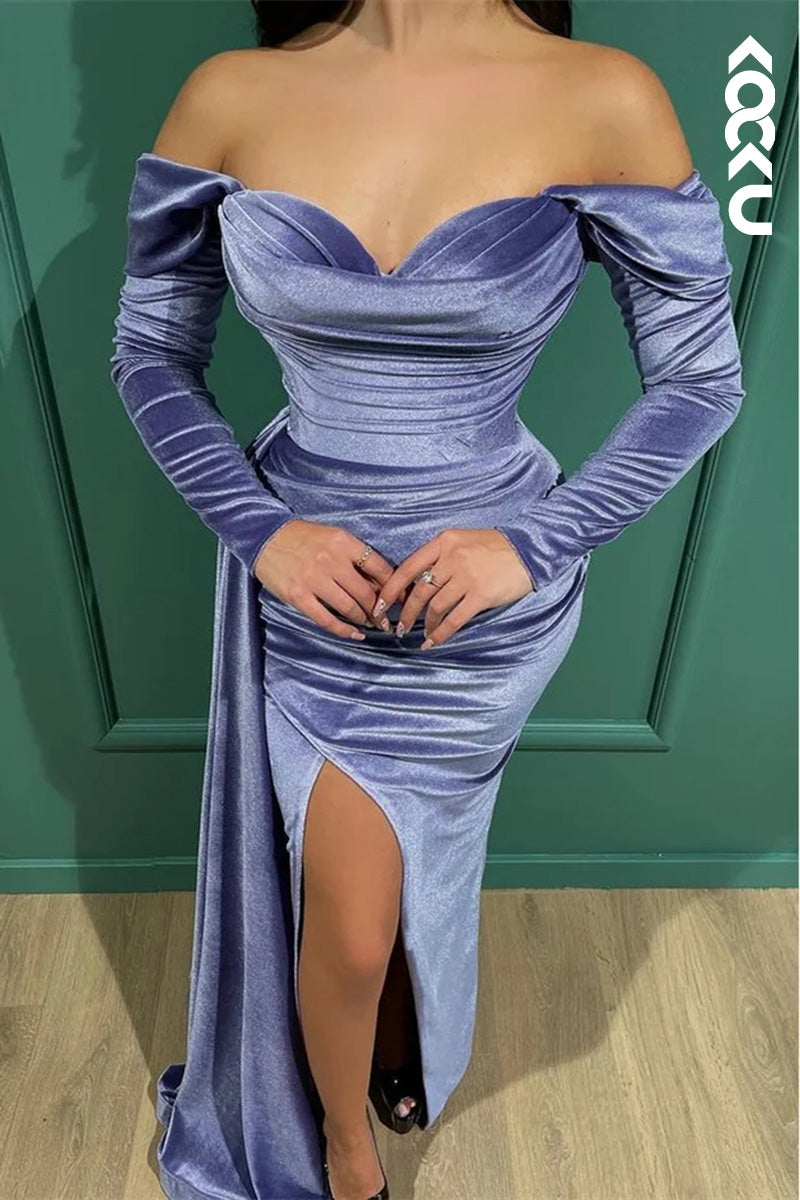 L1642 - Sweetheart Off-Shoulder Long Sleeves Ruched Sheath Long Prom With Slit