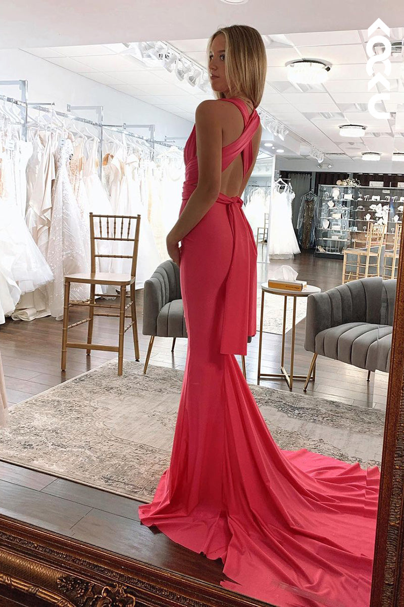 L1643 - Low V-Neck Criss-Cross Straps Sheath Long Prom Gown