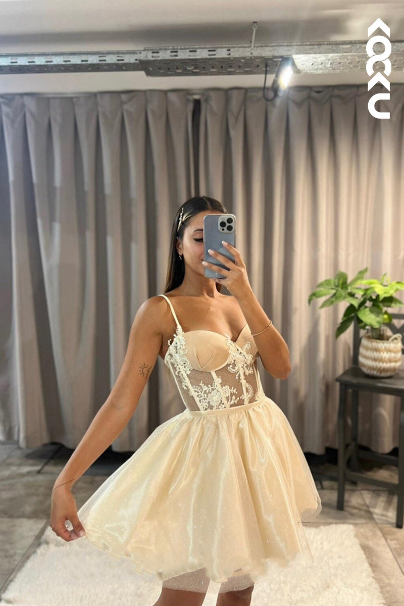 L1645 - Sweetheart Appliqued Sheer Tulle A-Line Long Prom Gown With Slit