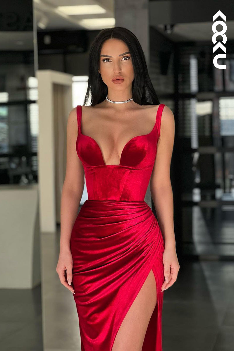 L1647 - V-Neck Ruched Sheath Long Prom Evening Gown With Thigh Slit