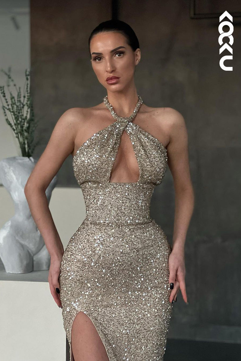 L1649 - Cross-Neck Sequined Sheath Long Prom Gown With Thigh Slit