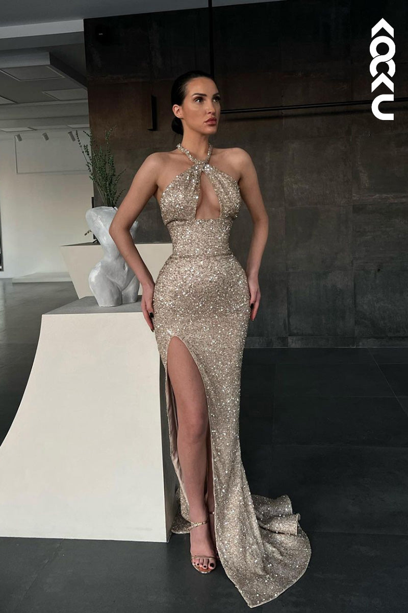 L1649 - Cross-Neck Sequined Sheath Long Prom Gown With Thigh Slit