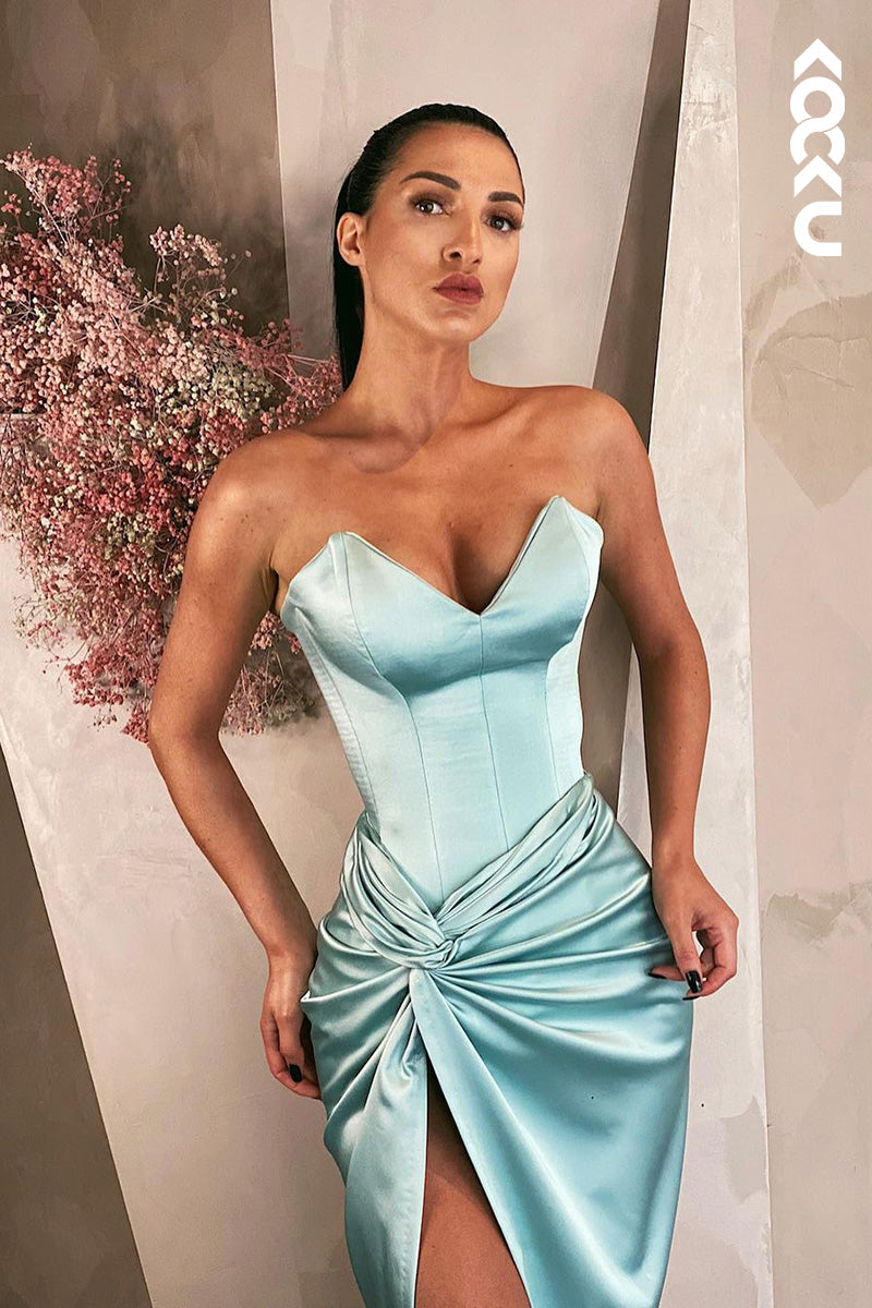 L1652 - V-Neck Strapless Ruched Sheath Long Prom Evening Gown With Slit
