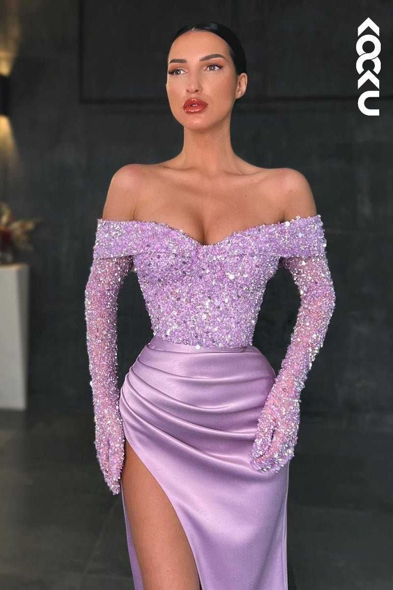 L1653 - Off-Shoulder Sequined Ruched Satin Sheath Long Prom Gown With Slit