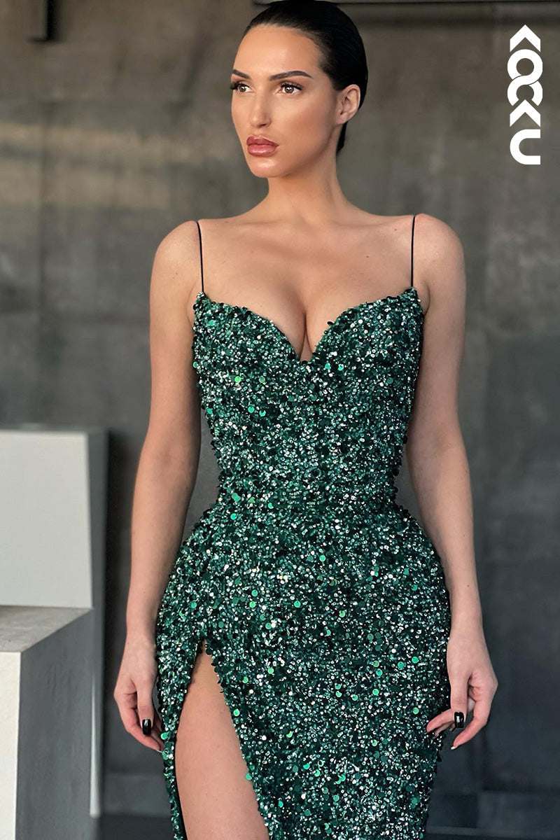 L1655 - V-Neck Spaghetti Straps Sequined Sheath Long Prom Gown With Slit
