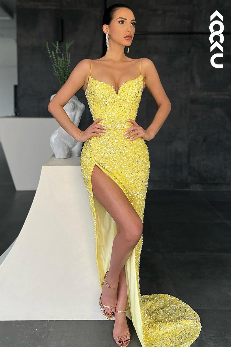 L1655 - V-Neck Spaghetti Straps Sequined Sheath Long Prom Gown With Slit