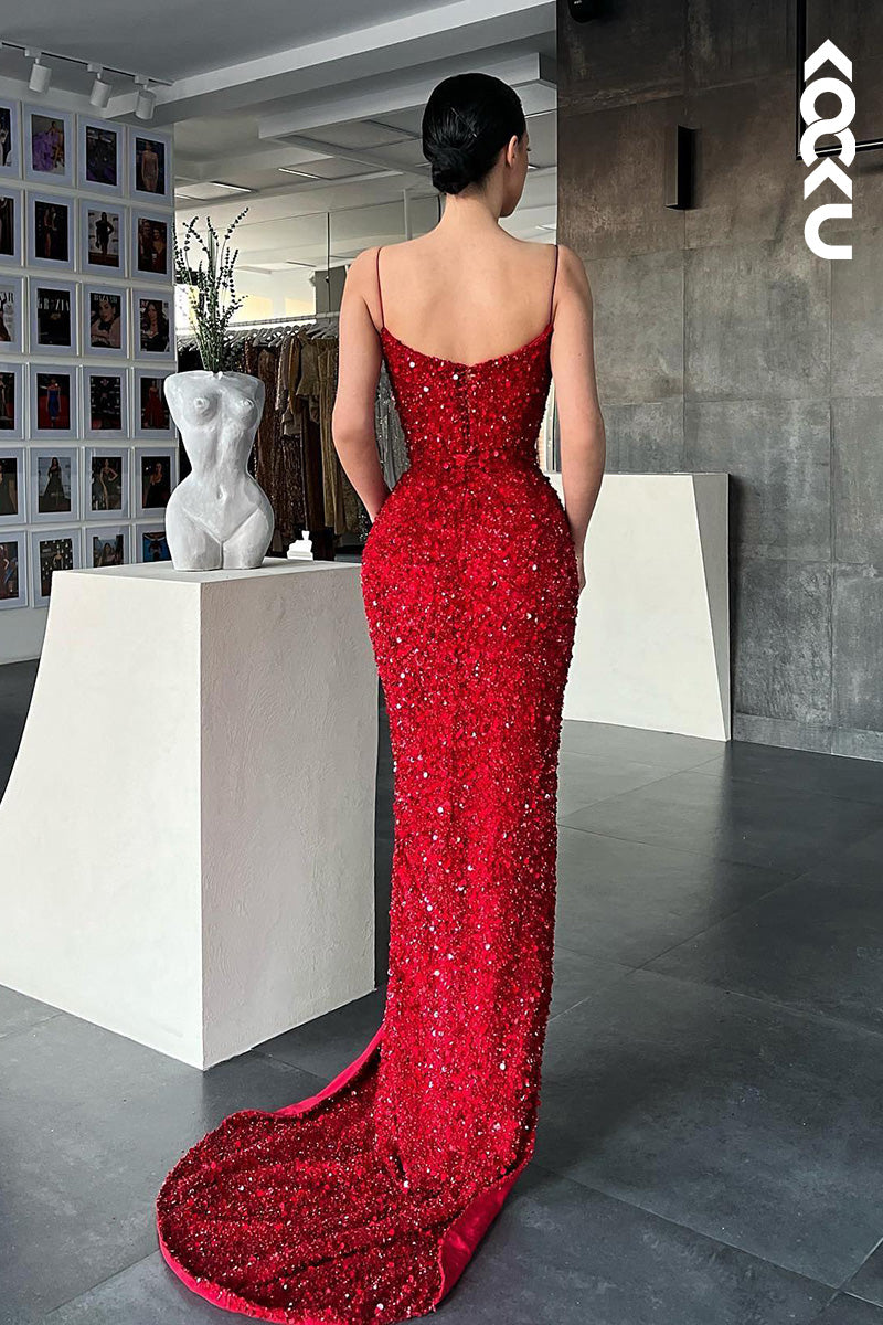 L1655 - V-Neck Spaghetti Straps Sequined Sheath Long Prom Gown With Slit