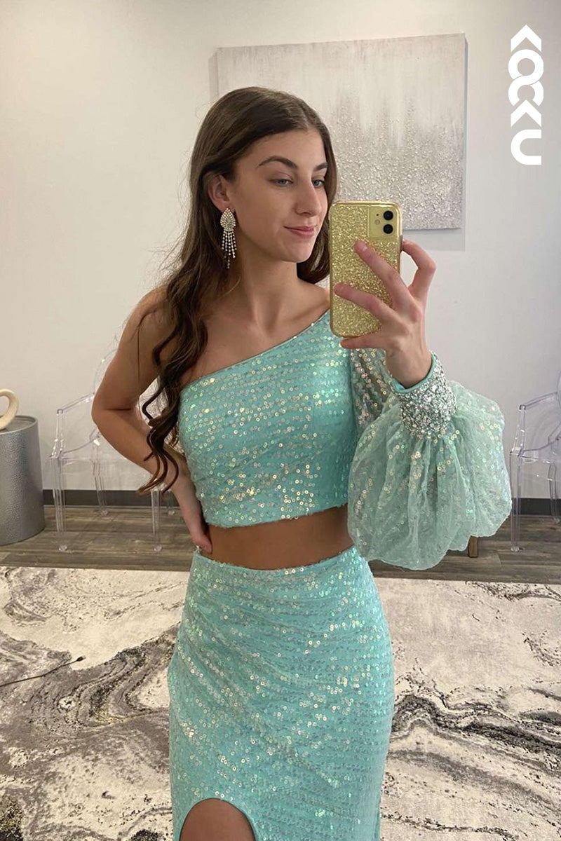 L1658 - Two Piece One Shoulder Long Sleeves Sequined Sheath Prom Gown With Slit