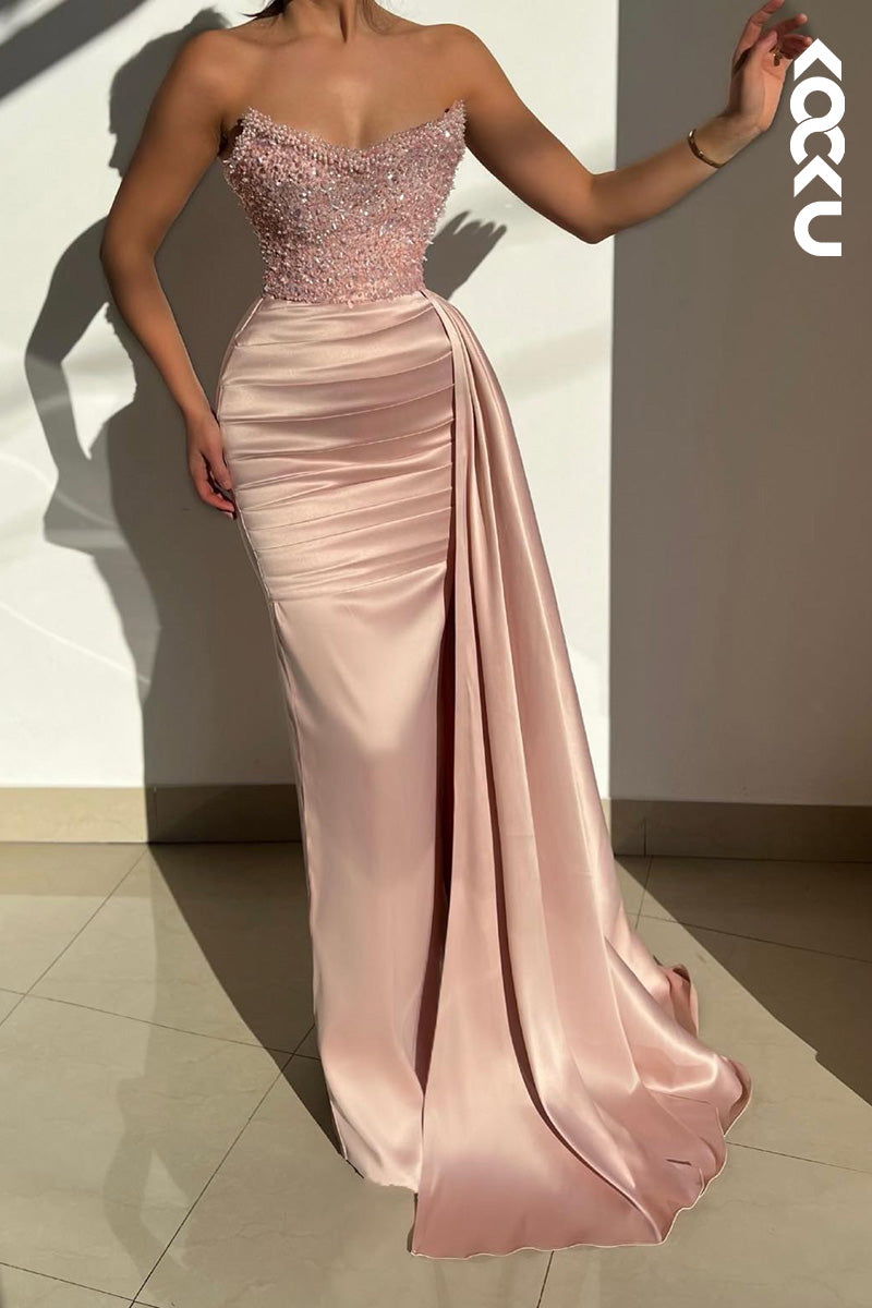 L1661 - V-Neck Strapless Sequined Beaded Ruched Sheath Long Prom Gown