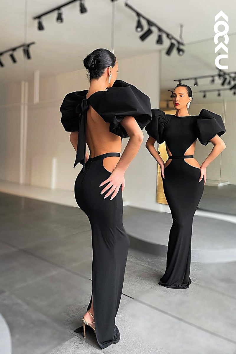 L1670 - Round Neck Cut Outs Sheath Long Prom Evening Gown With Puff Sleeves