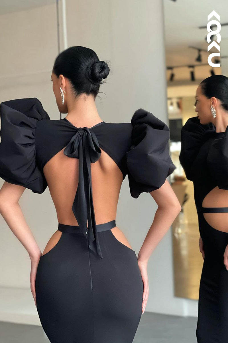 L1670 - Round Neck Cut Outs Sheath Long Prom Evening Gown With Puff Sleeves
