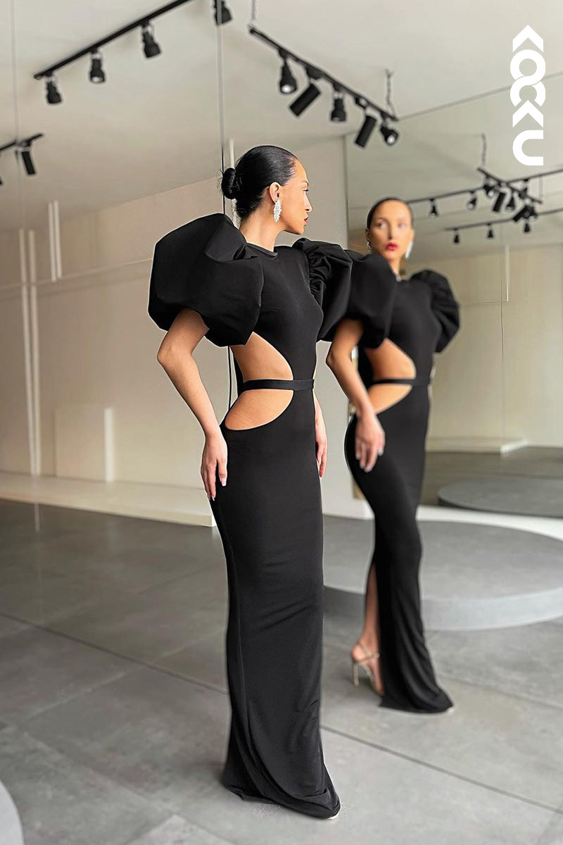 L1670 - Round Neck Cut Outs Sheath Long Prom Evening Gown With Puff Sleeves