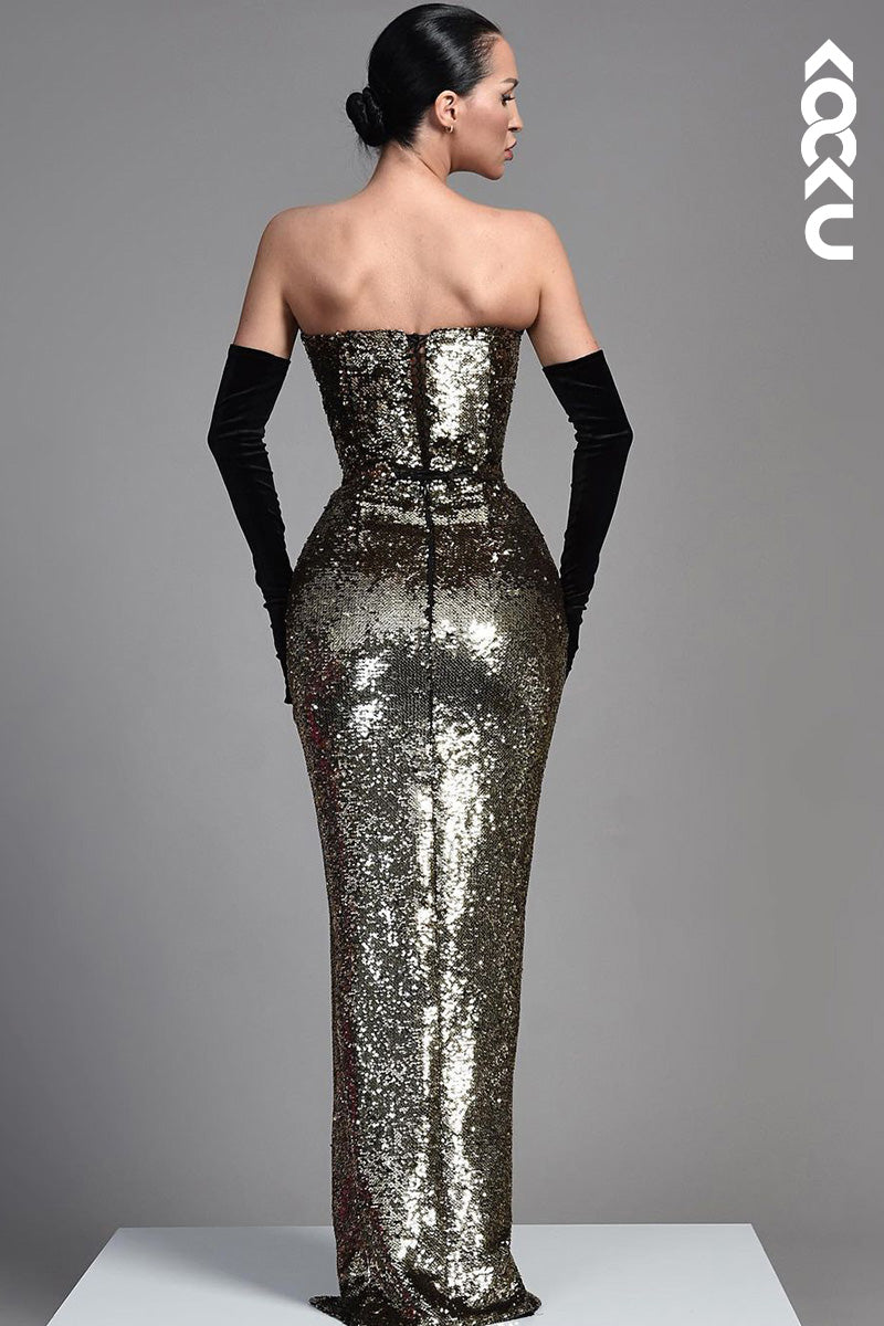 L1672 - V-Neck Strapless Sequined Sheath Long Prom Gown With Slit