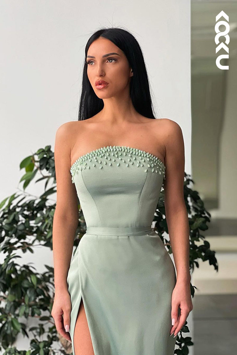 L1673 - Strapless Beaded Satin Sheath Long Prom Evening Gown With Slit