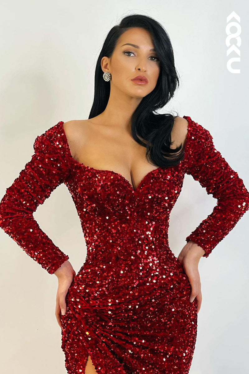 L1674 - Square Neck Long Sleeves Sequined Sheath Long Prom Gown With Slit