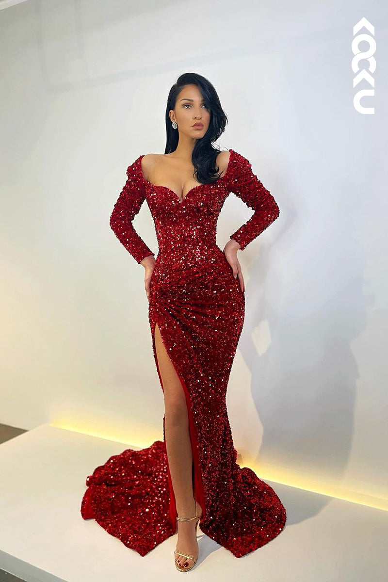 L1674 - Square Neck Long Sleeves Sequined Sheath Long Prom Gown With Slit
