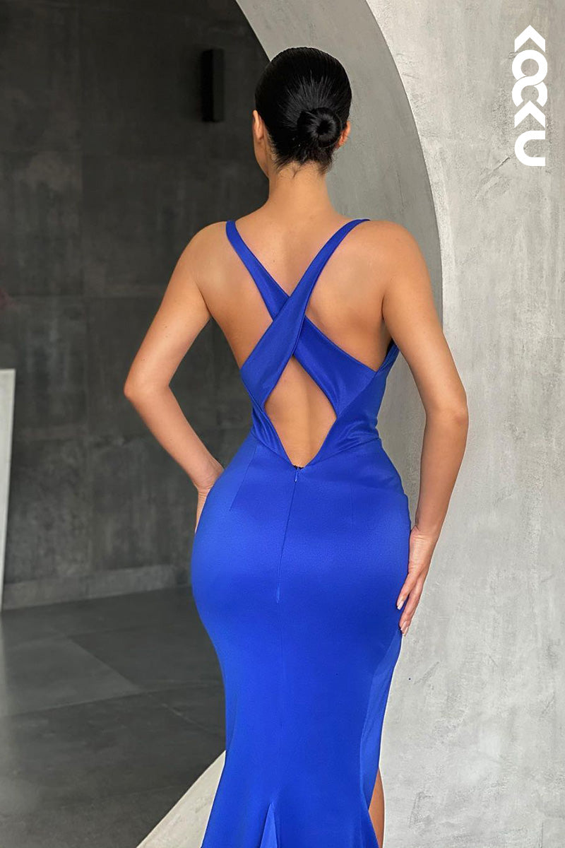L1675 - Spaghetti Straps Satin Sheath Long Prom Evening Gown With Slit