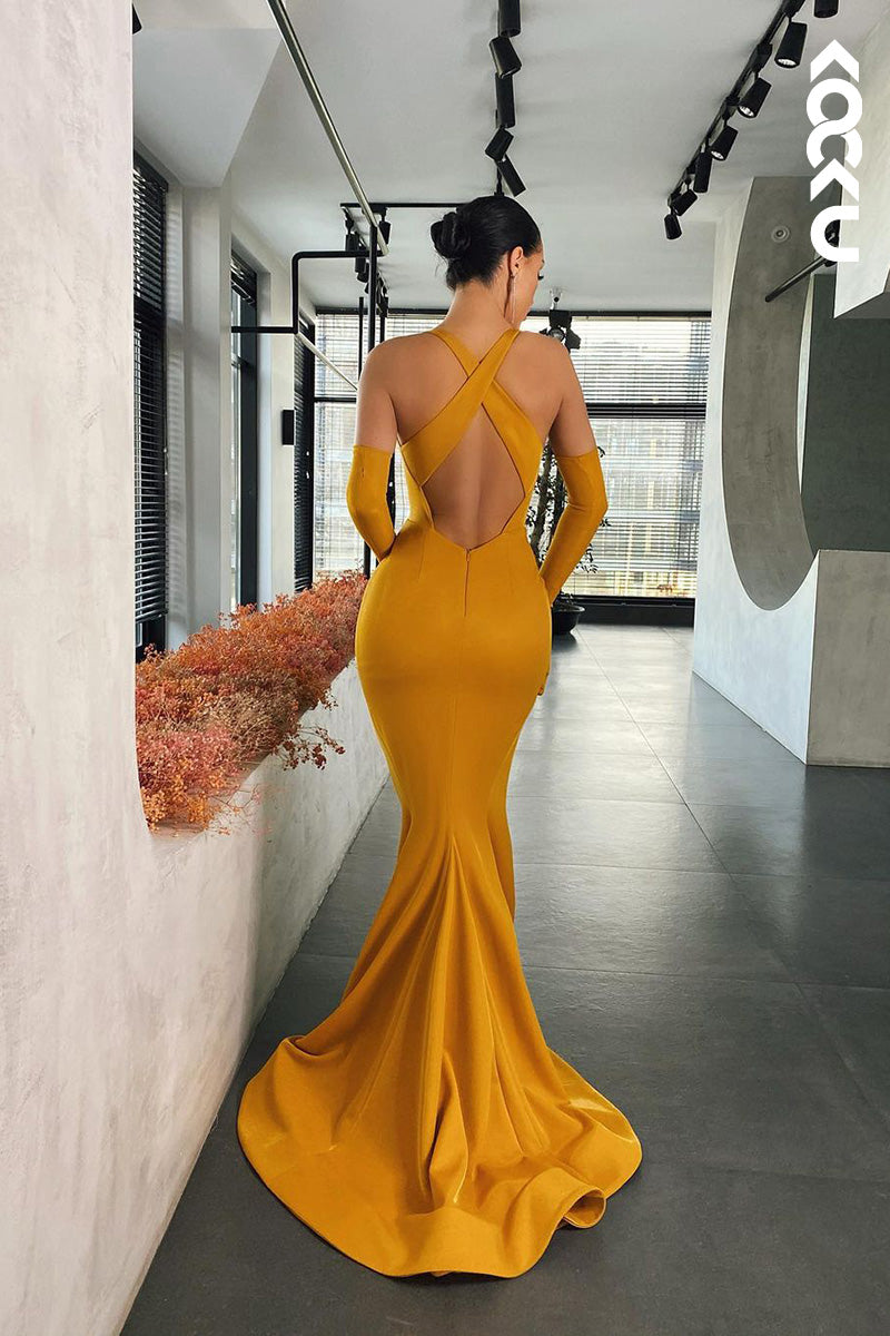 L1675 - Spaghetti Straps Satin Sheath Long Prom Evening Gown With Slit