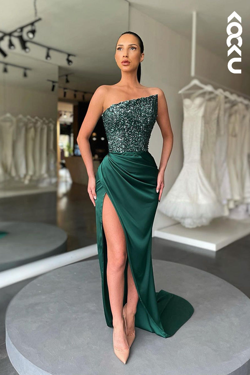 L1676 - Strapless Sequined Ruched Sheath Long Prom Gown With Slit