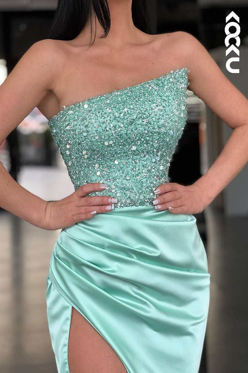 L1676 - Strapless Sequined Ruched Sheath Long Prom Gown With Slit