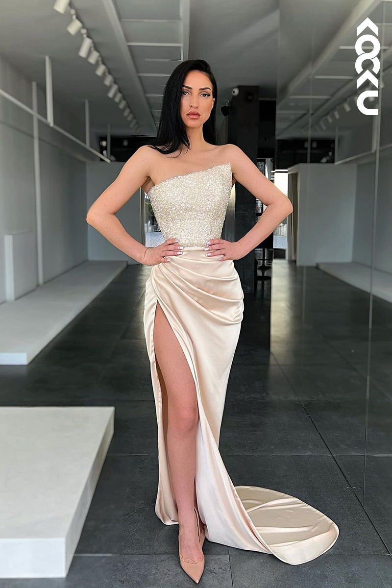 L1676 - Strapless Sequined Ruched Sheath Long Prom Gown With Slit