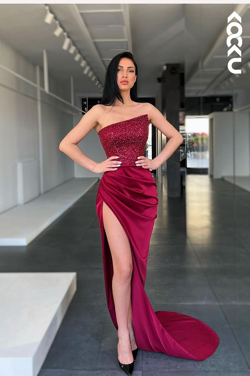 L1676 - Strapless Sequined Ruched Sheath Long Prom Gown With Slit