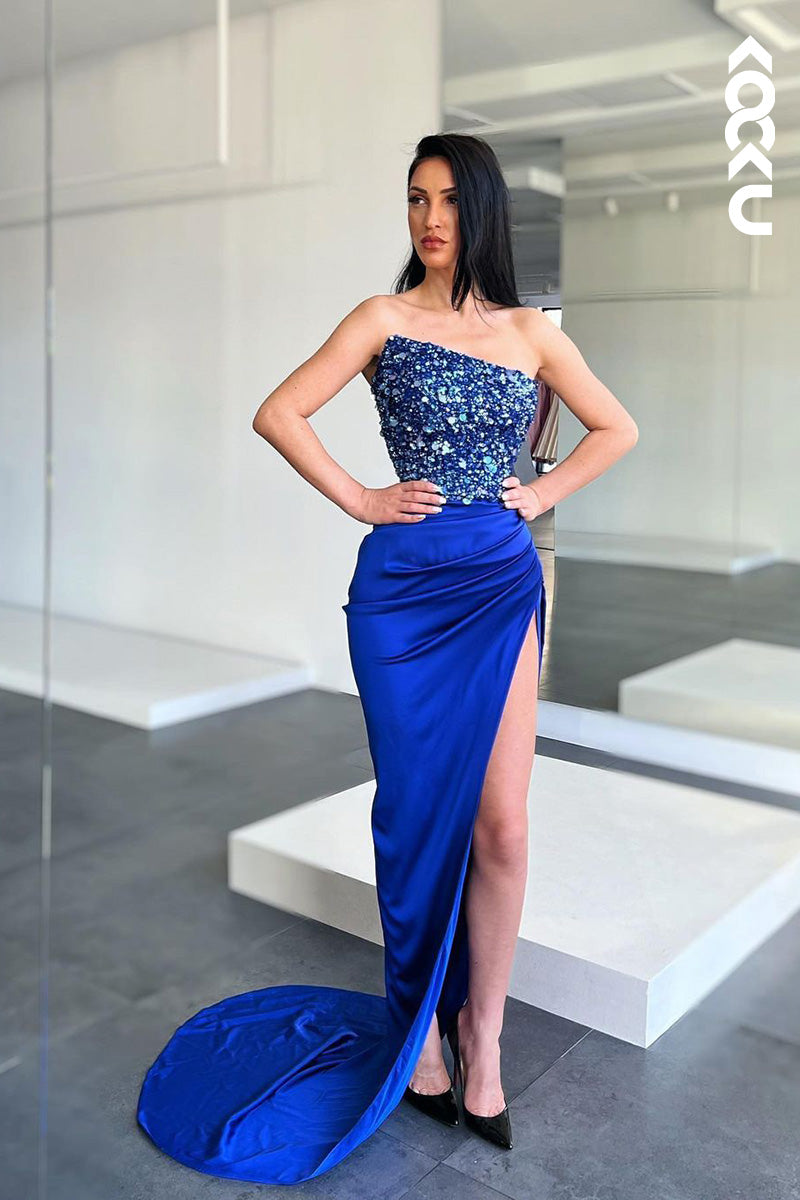 L1676 - Strapless Sequined Ruched Sheath Long Prom Gown With Slit