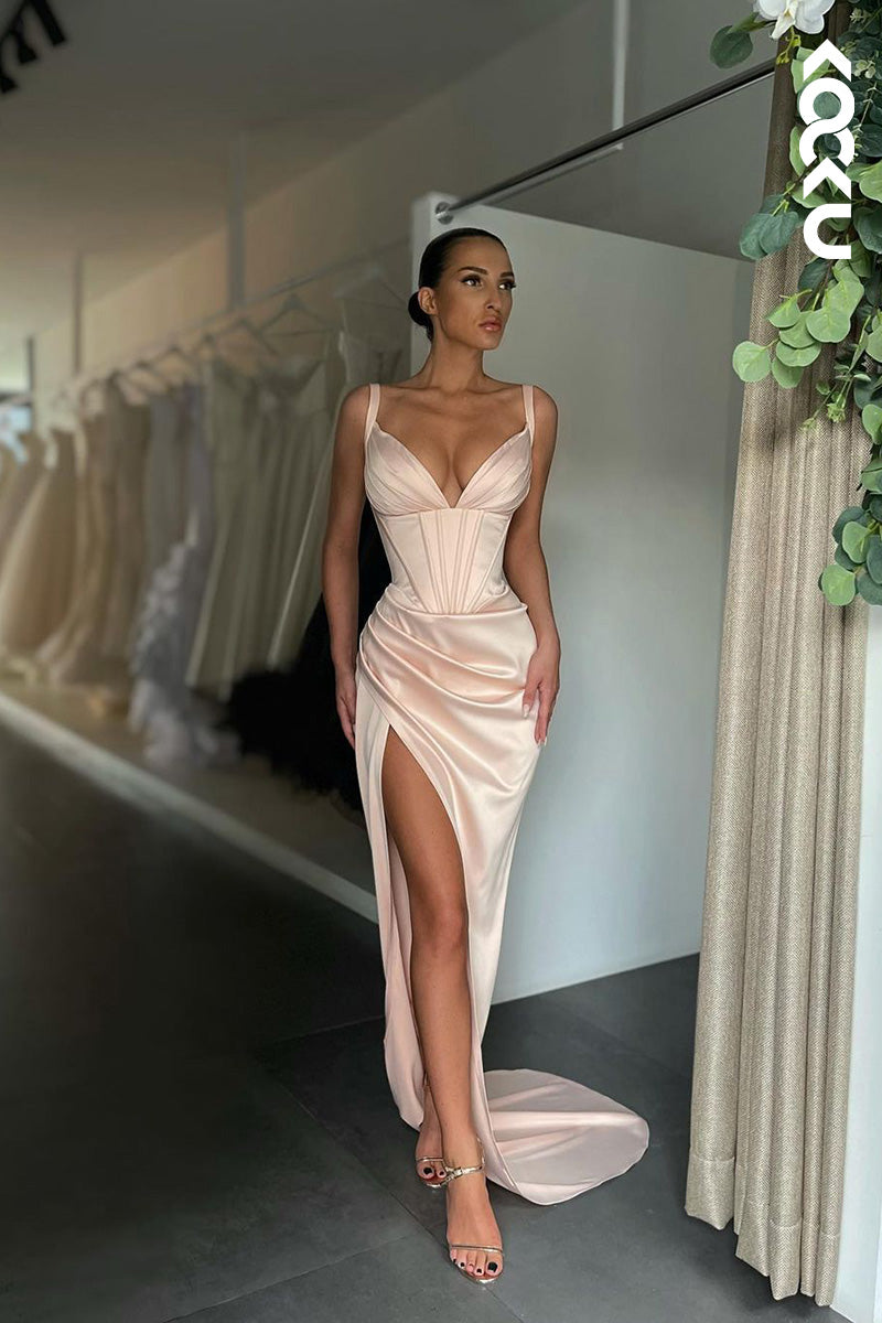 L1678 - V-Neck Ruched Thigh Slit Satin Sheath Long Prom Evening Gown