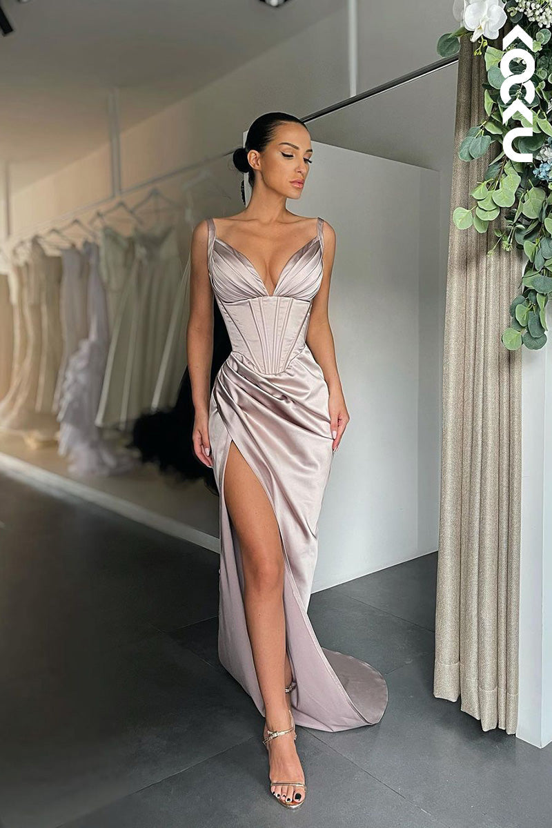 L1678 - V-Neck Ruched Thigh Slit Satin Sheath Long Prom Evening Gown