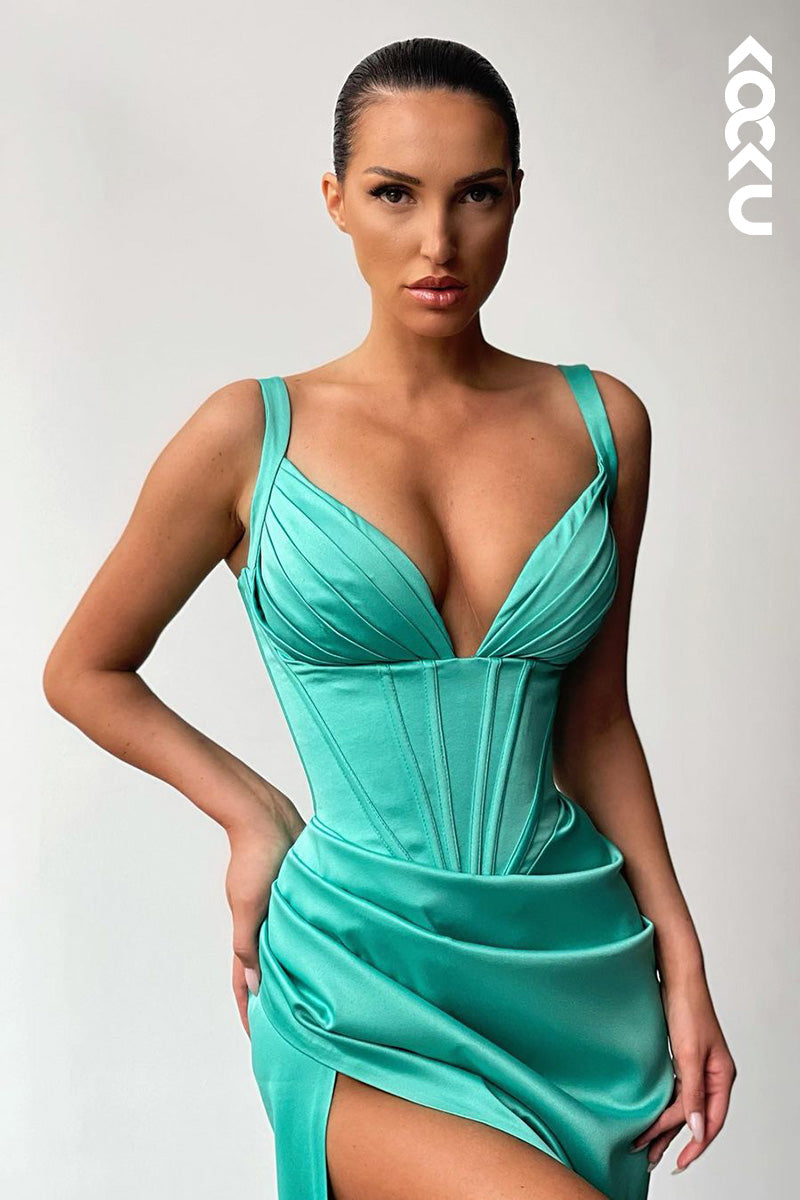 L1678 - V-Neck Ruched Thigh Slit Satin Sheath Long Prom Evening Gown