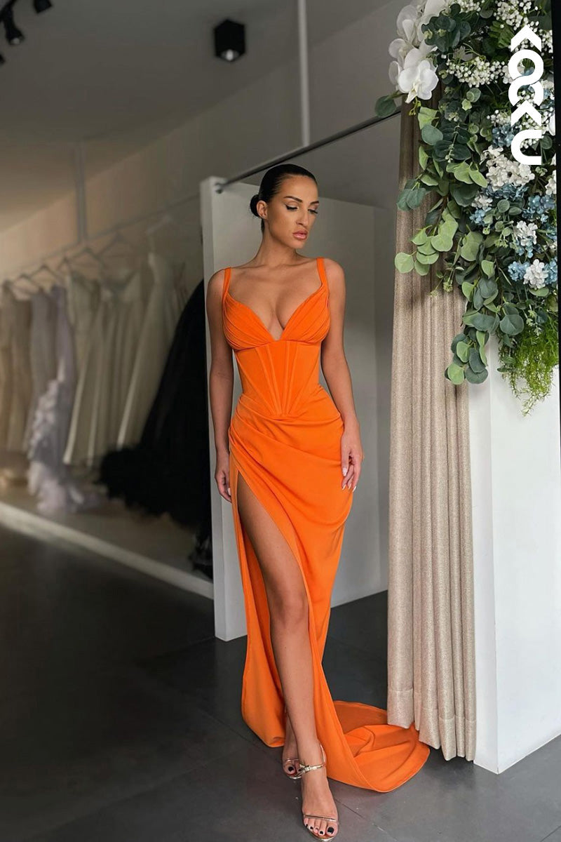 L1678 - V-Neck Ruched Thigh Slit Satin Sheath Long Prom Evening Gown