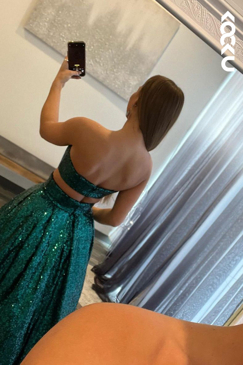 L1681 - Two Piece Strapless Sequined A-Line Long Prom Gown