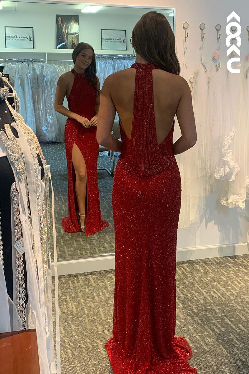 L1682 - High Neck Halter Sequined Beaded Sheath Long Prom Gown With Slit