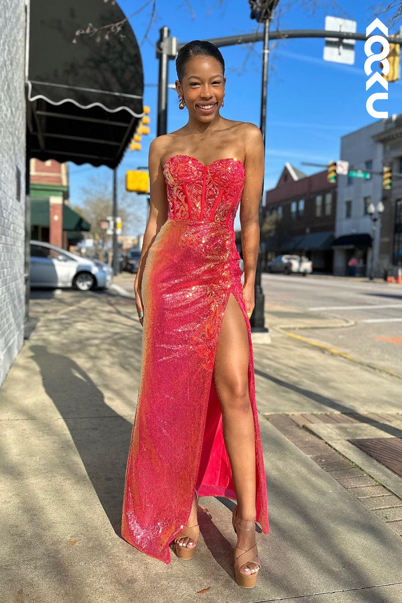 L1683 - Sweetheart Strapless Sequined Sheath Long Prom Gown With Slit