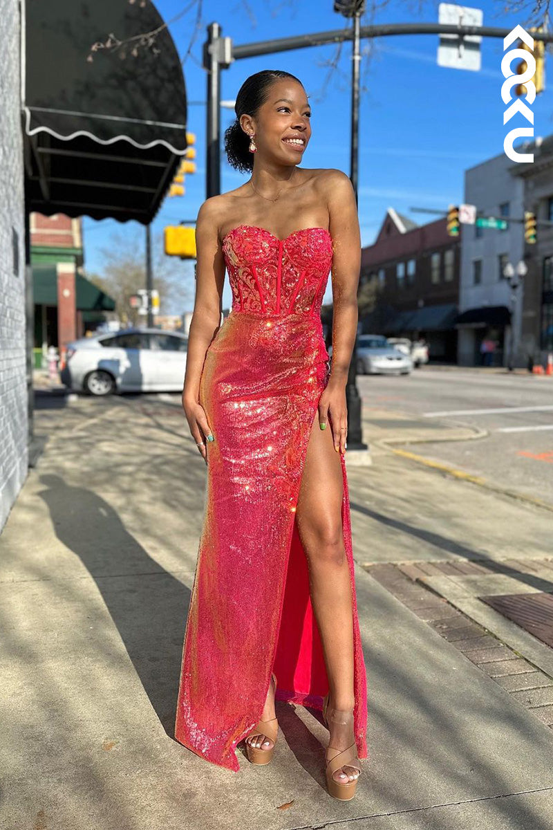 L1683 - Sweetheart Strapless Sequined Sheath Long Prom Gown With Slit