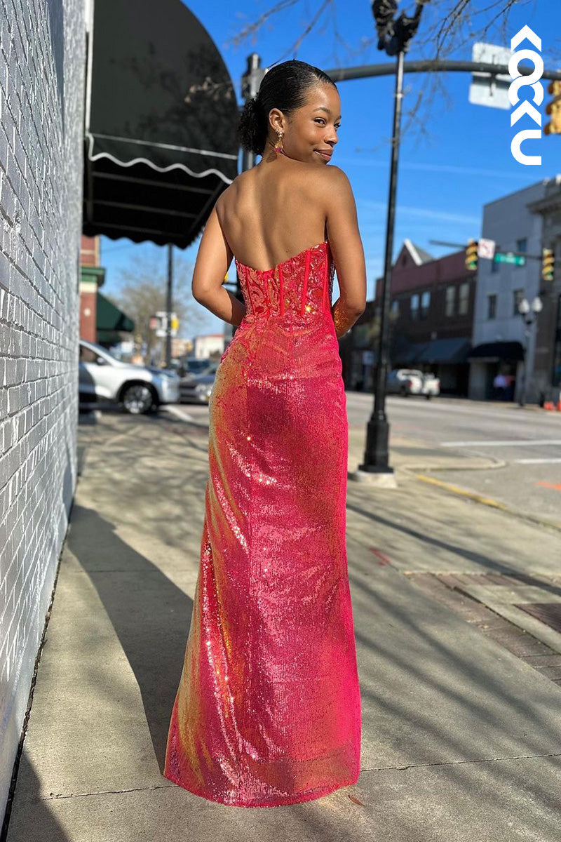 L1683 - Sweetheart Strapless Sequined Sheath Long Prom Gown With Slit