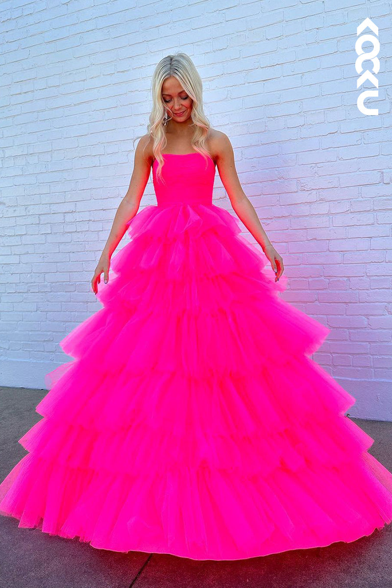 L1684 - Strapless Hot Pink A-Line Tulle Long Prom Gown
